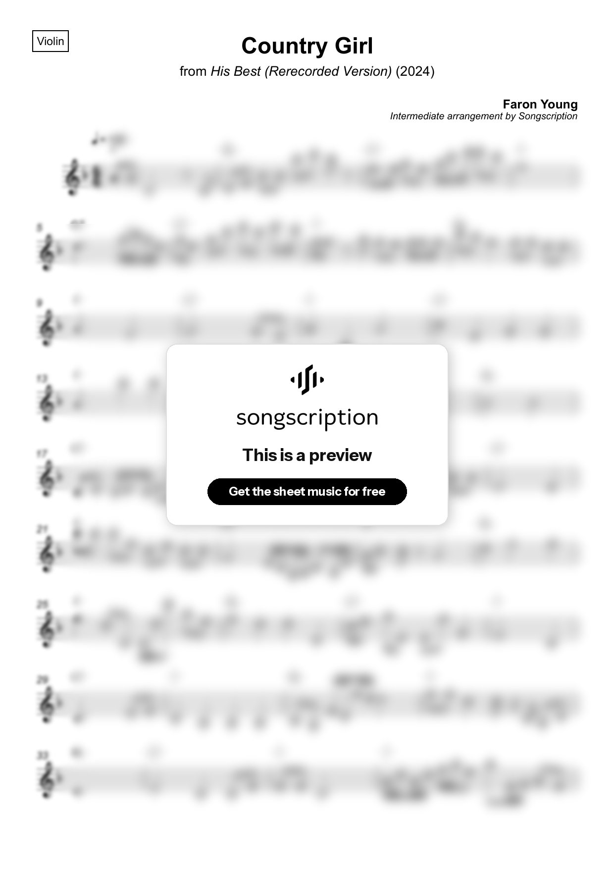 Intermediate Violin Sheet Music for "Country Girl" by Faron Young