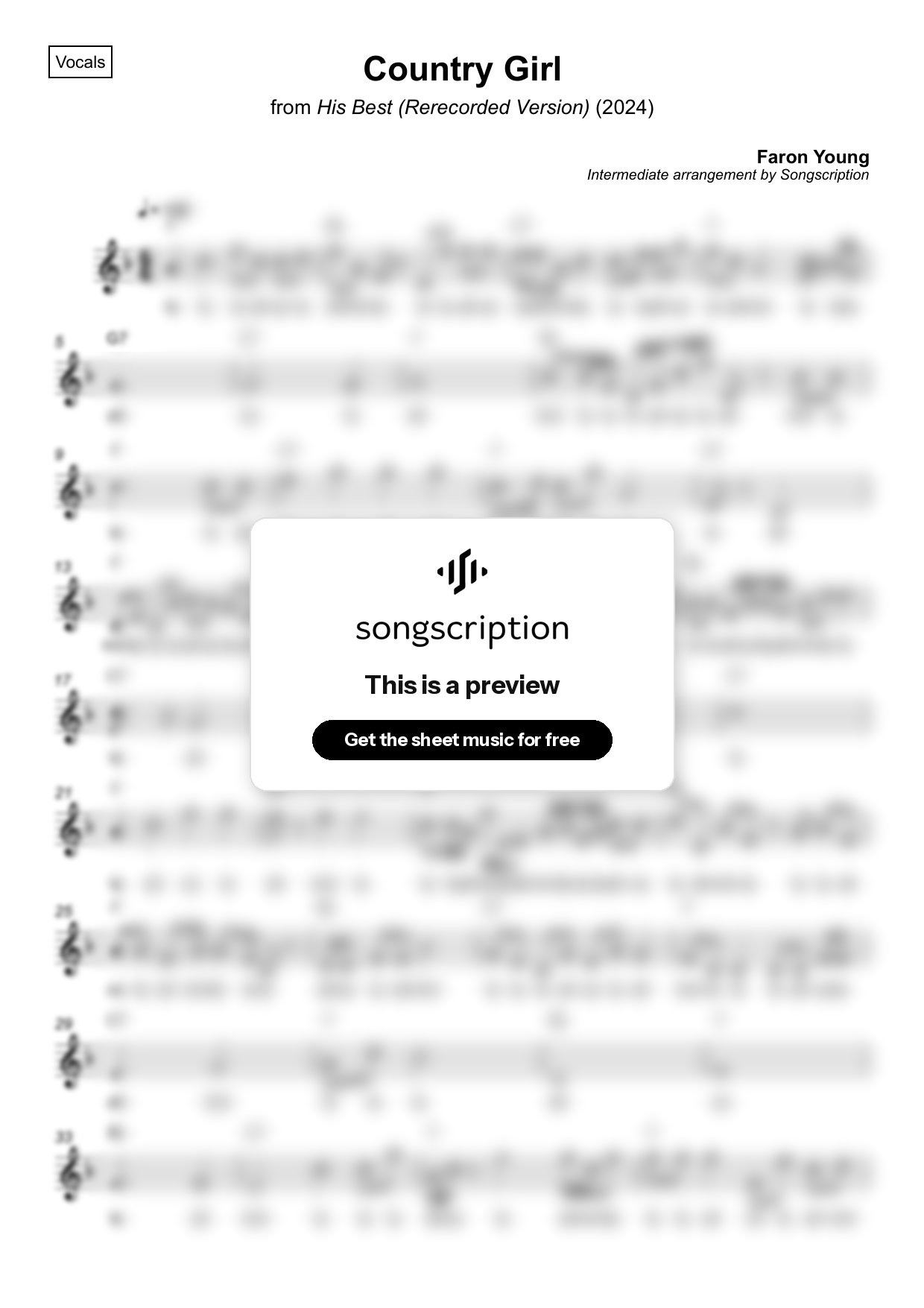 Intermediate Vocals Sheet Music for "Country Girl" by Faron Young