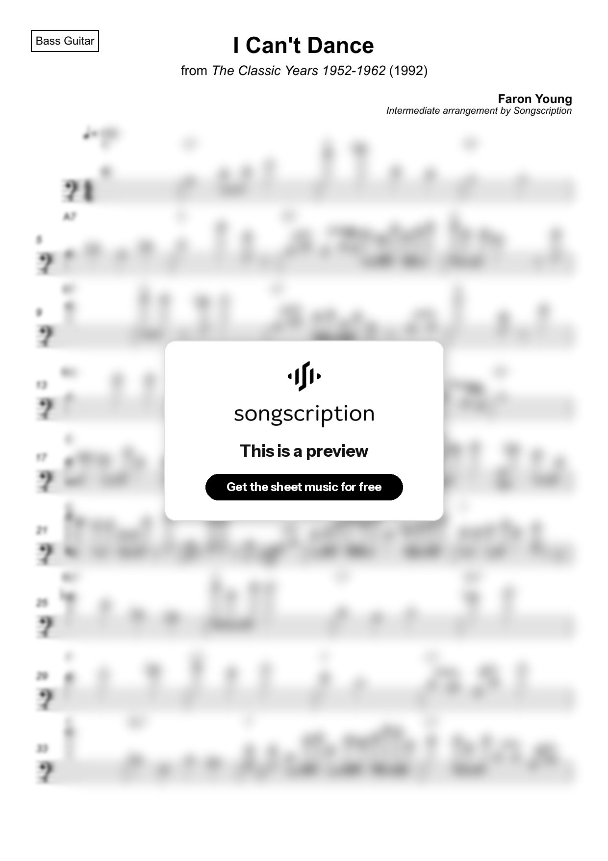 Intermediate Bass Guitar Sheet Music for "I Can't Dance" by Faron Young