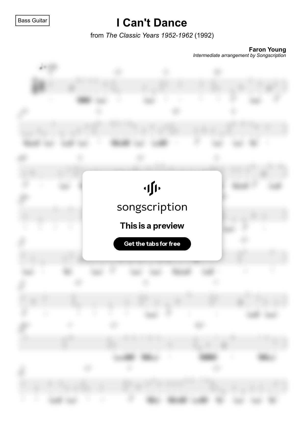 Intermediate Bass Guitar Tabs for "I Can't Dance" by Faron Young