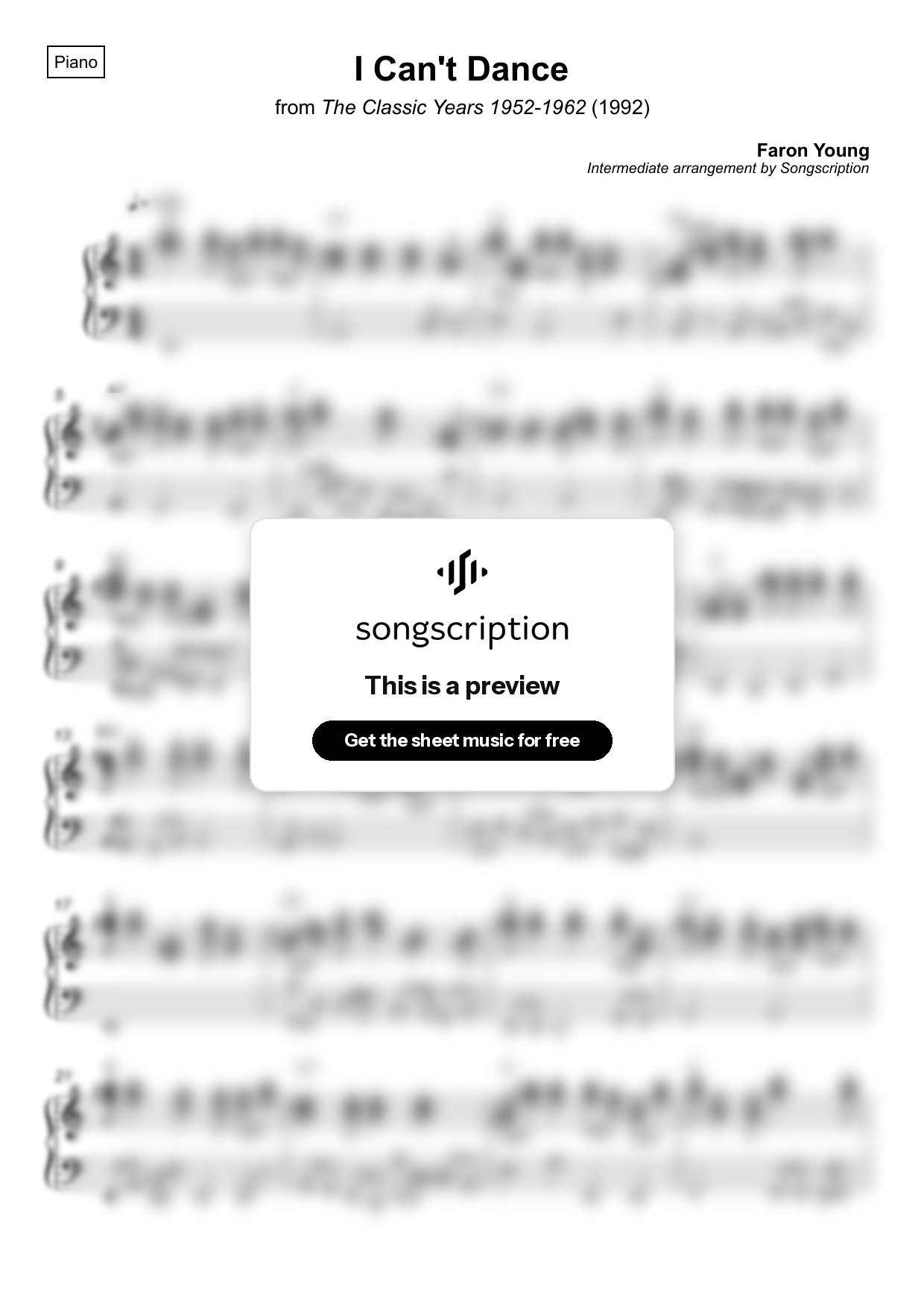Intermediate Piano Sheet Music for "I Can't Dance" by Faron Young