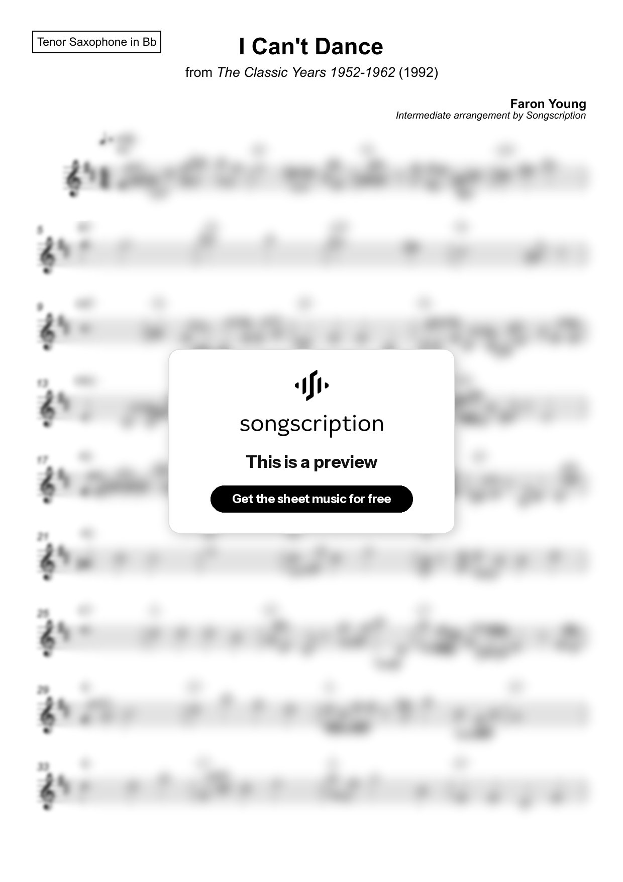 Intermediate Tenor Sax Sheet Music for "I Can't Dance" by Faron Young