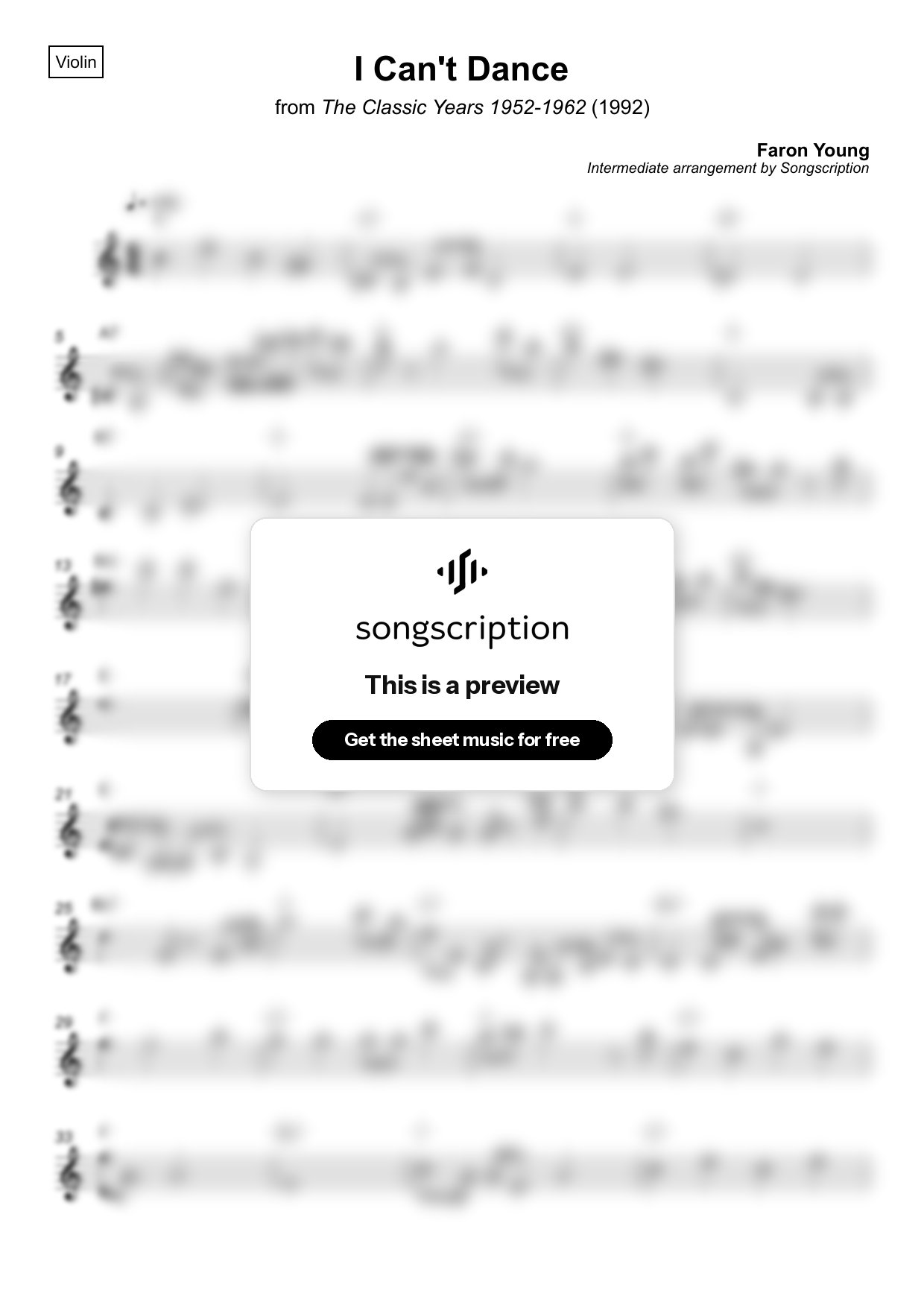Intermediate Violin Sheet Music for "I Can't Dance" by Faron Young