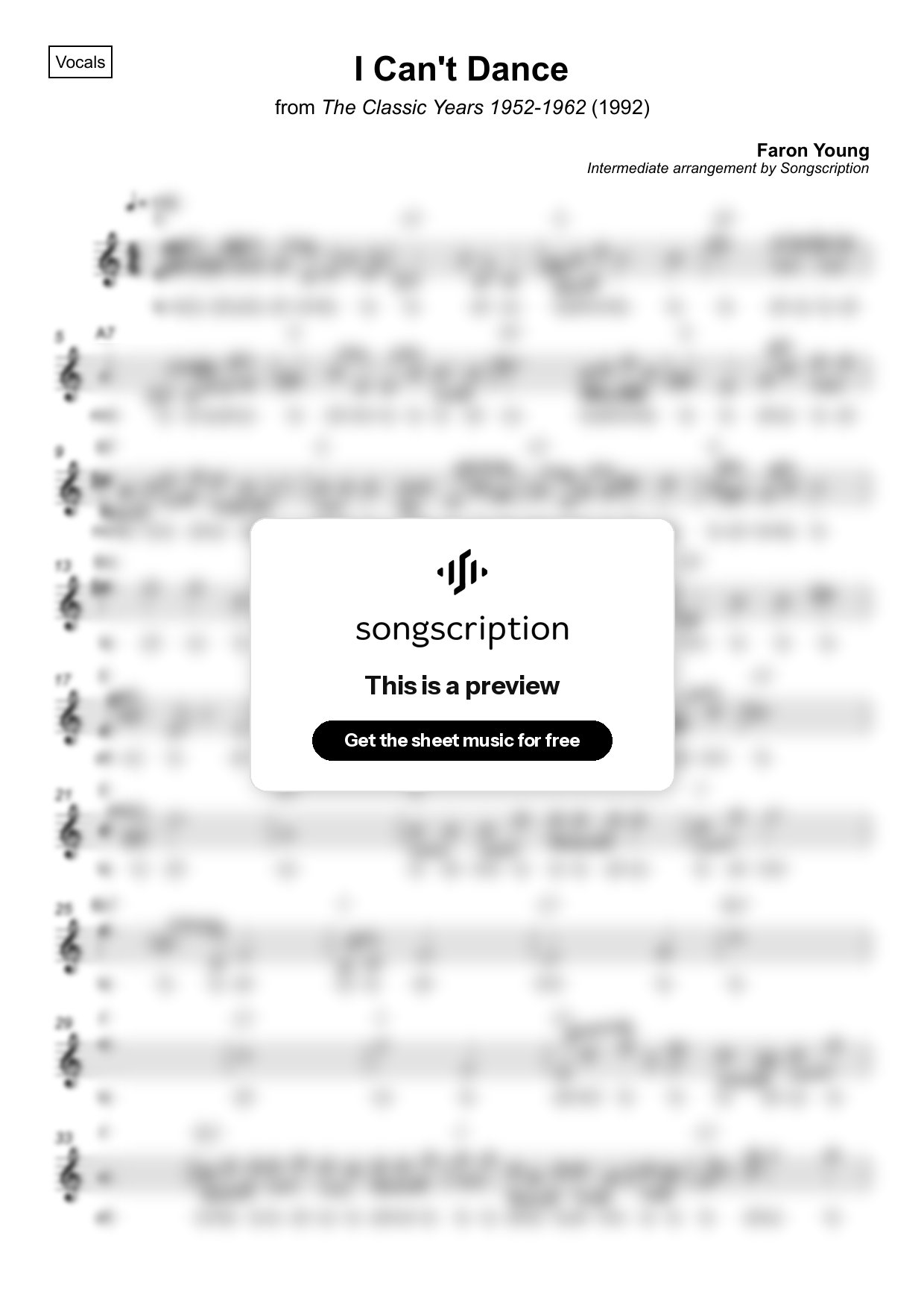 Intermediate Vocals Sheet Music for "I Can't Dance" by Faron Young