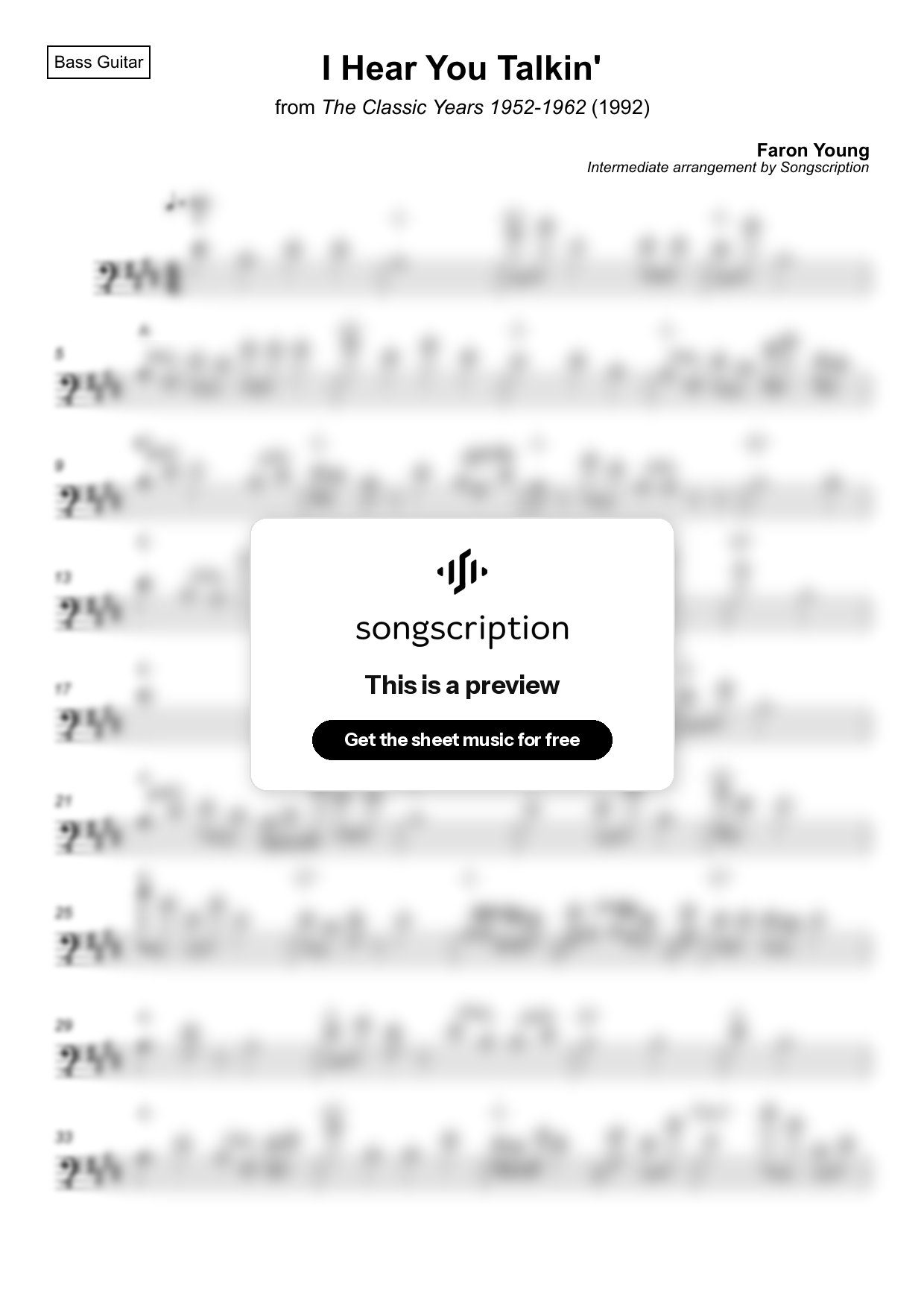 Intermediate Bass Guitar Sheet Music for "I Hear You Talkin'" by Faron Young