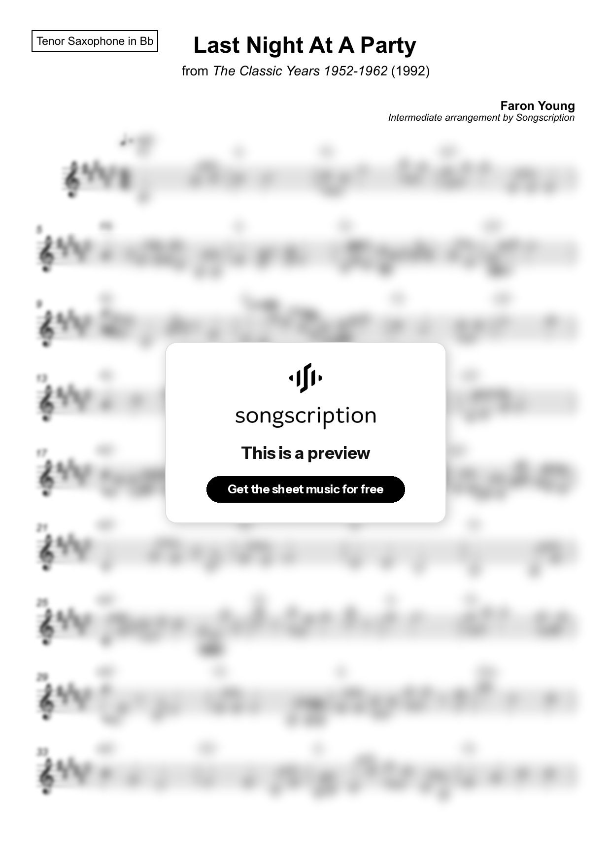 Intermediate Tenor Sax Sheet Music for "Last Night At A Party" by Faron Young