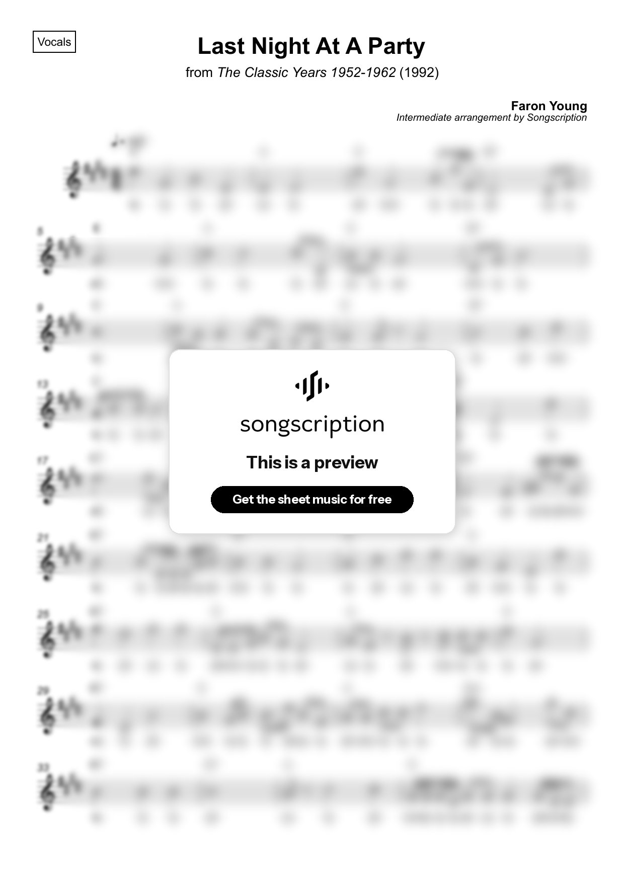 Intermediate Vocals Sheet Music for "Last Night At A Party" by Faron Young