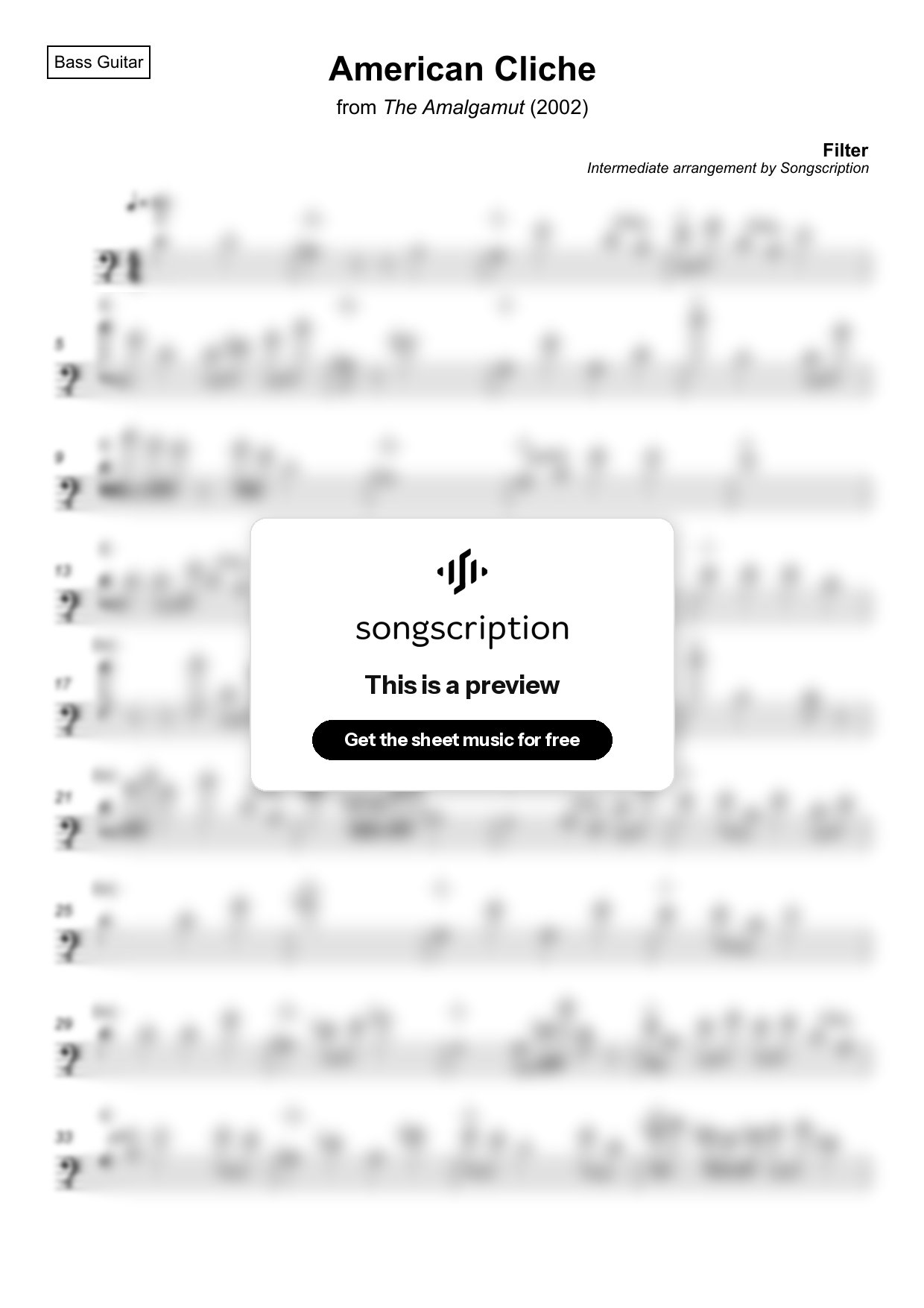 Intermediate Bass Guitar Sheet Music for "American Cliche" by Filter