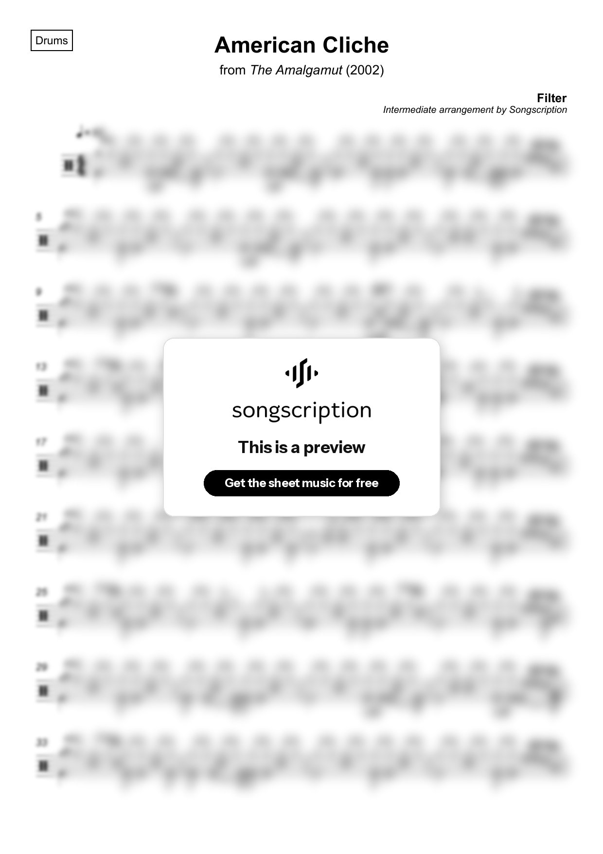 Intermediate Drums Sheet Music for "American Cliche" by Filter