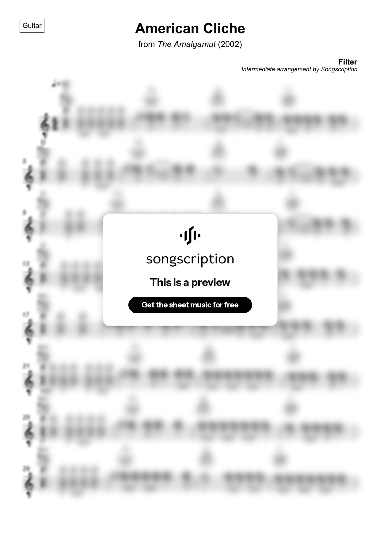 Intermediate Acoustic Guitar Sheet Music for "American Cliche" by Filter