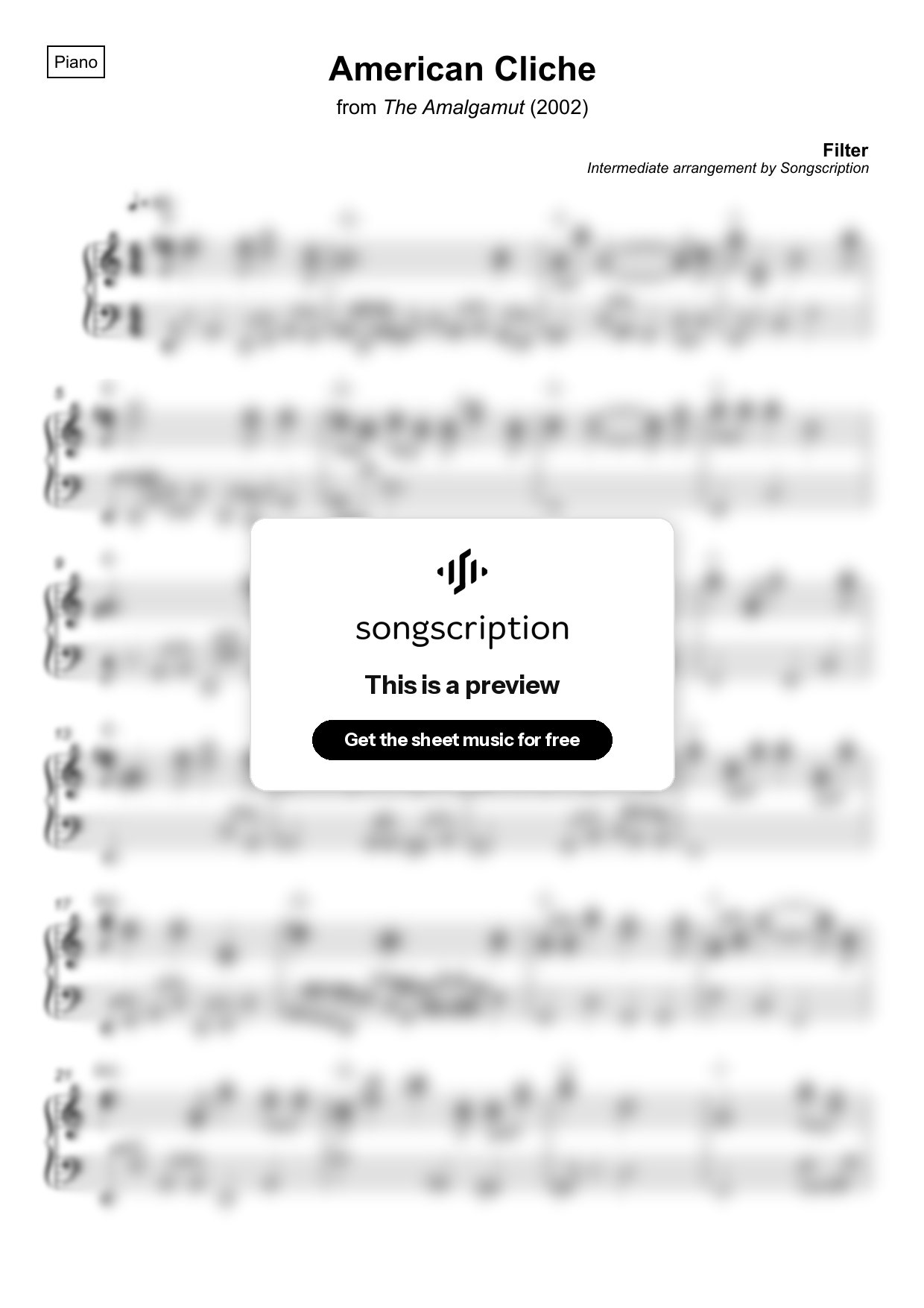 Intermediate Piano Sheet Music for "American Cliche" by Filter