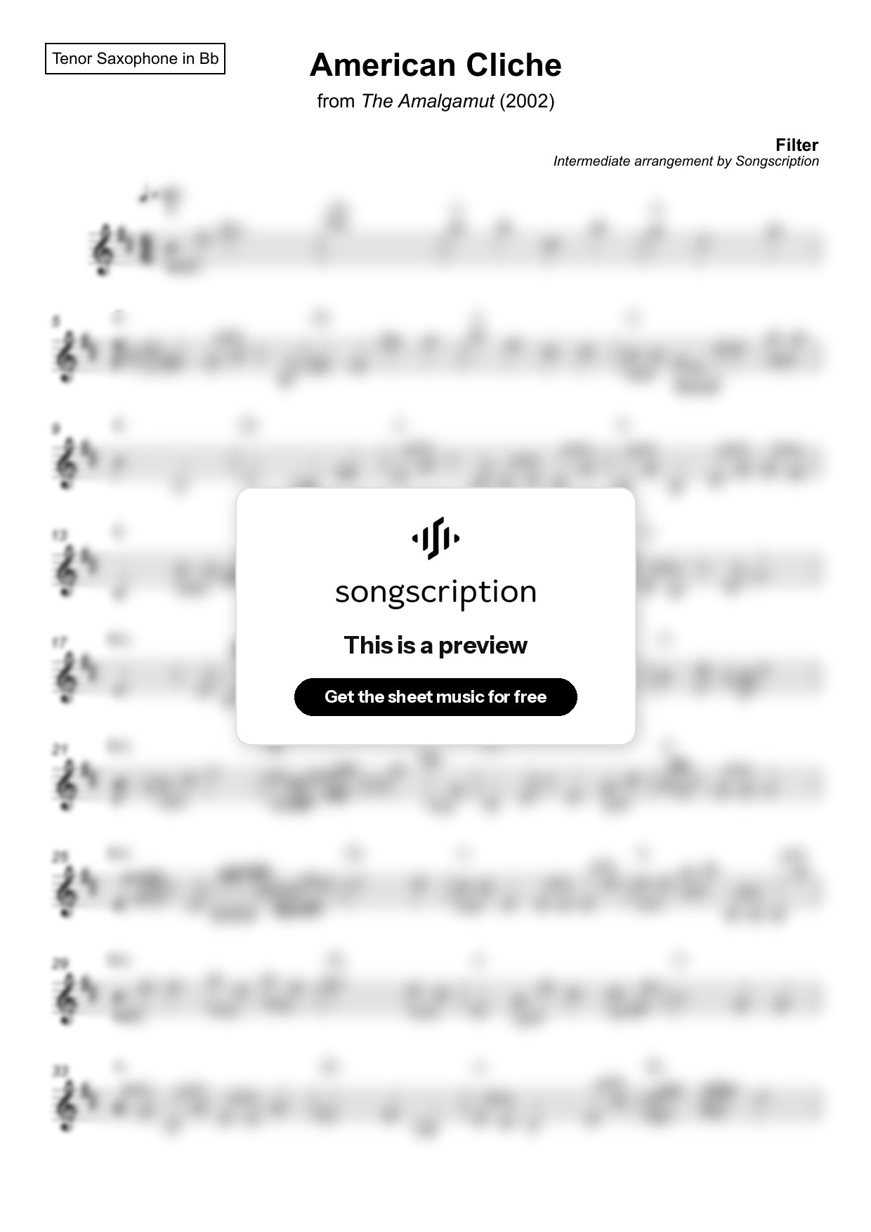 Intermediate Tenor Sax Sheet Music for "American Cliche" by Filter