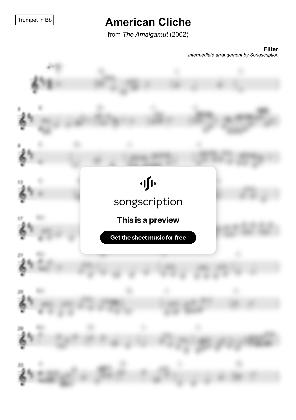 Intermediate Trumpet Sheet Music for "American Cliche" by Filter