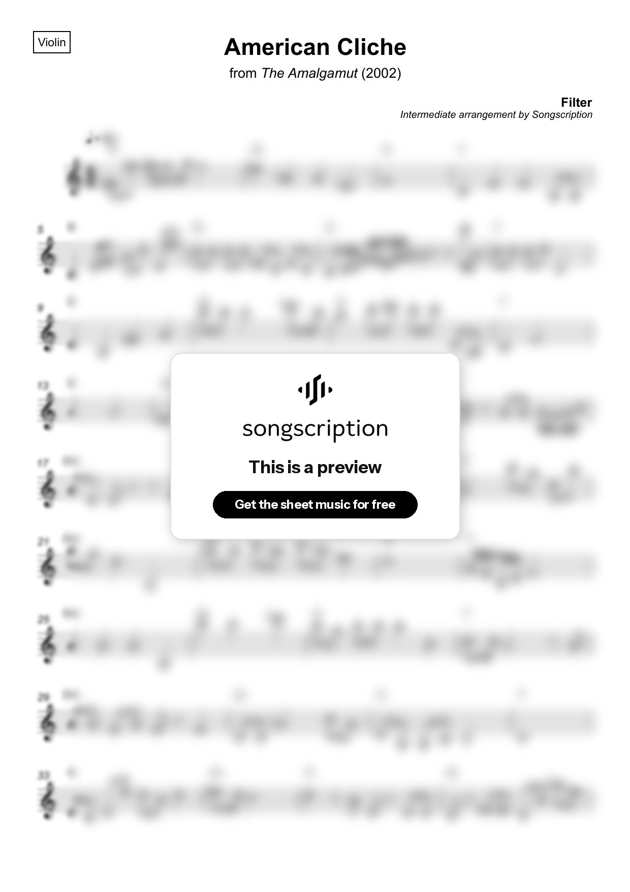 Intermediate Violin Sheet Music for "American Cliche" by Filter