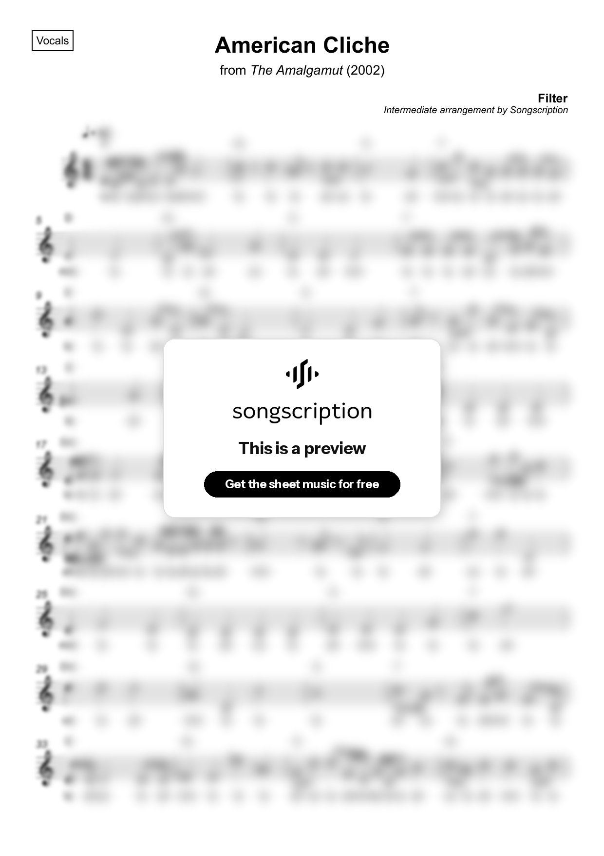 Intermediate Vocals Sheet Music for "American Cliche" by Filter