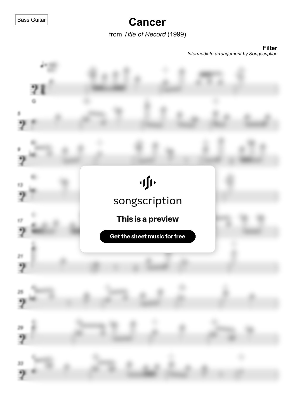 Intermediate Bass Guitar Sheet Music for "Cancer" by Filter
