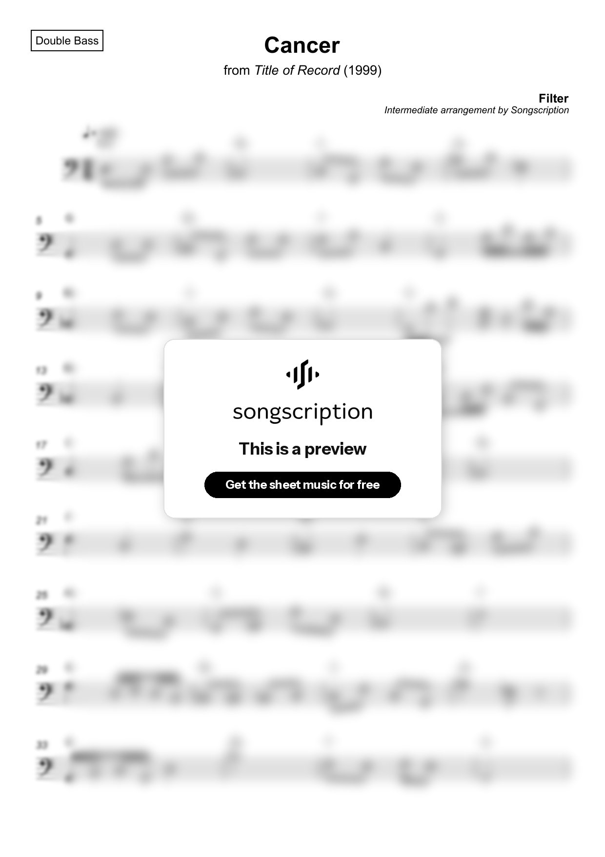 Intermediate Double Bass Sheet Music for "Cancer" by Filter