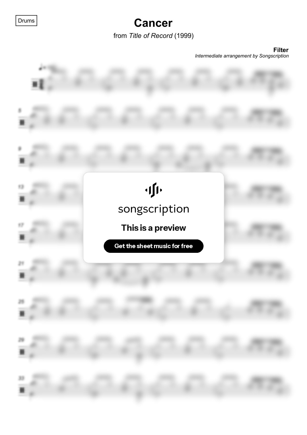 Intermediate Drums Sheet Music for "Cancer" by Filter