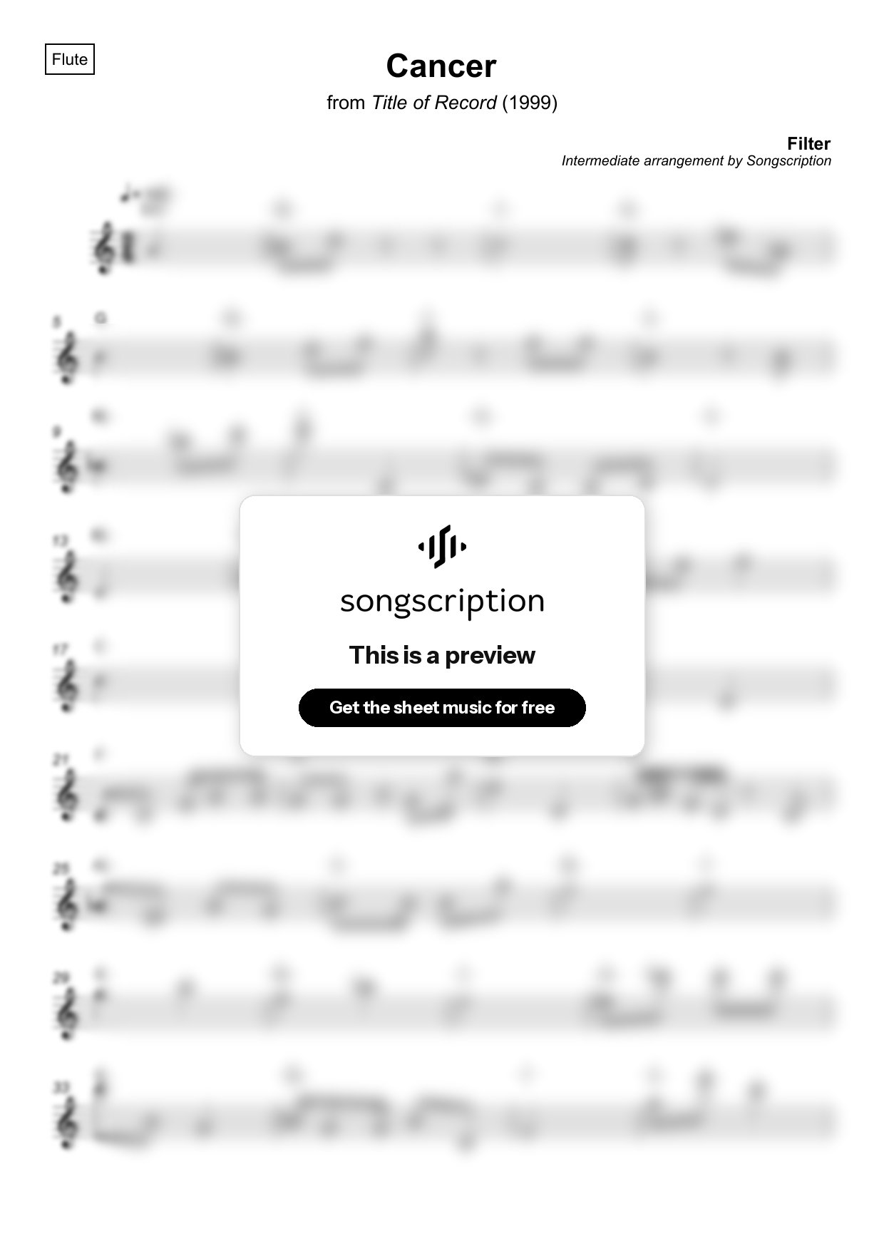 Intermediate Flute Sheet Music for "Cancer" by Filter