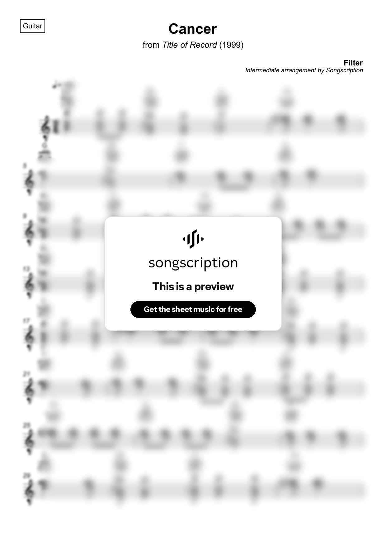 Intermediate Acoustic Guitar Sheet Music for "Cancer" by Filter