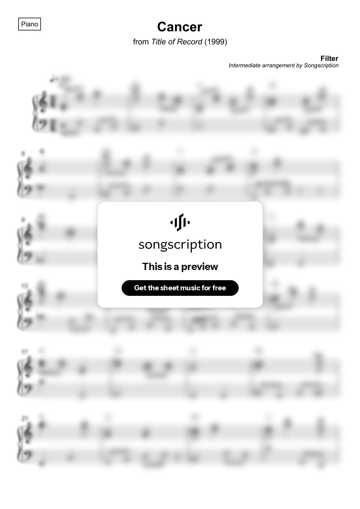 Intermediate Piano Sheet Music for "Cancer" by Filter