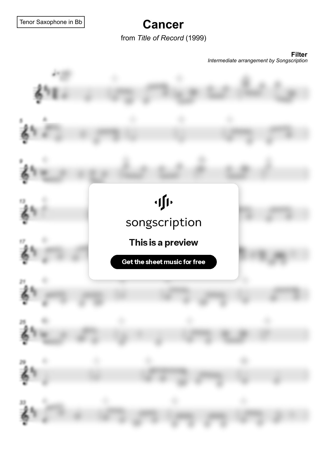 Intermediate Tenor Sax Sheet Music for "Cancer" by Filter