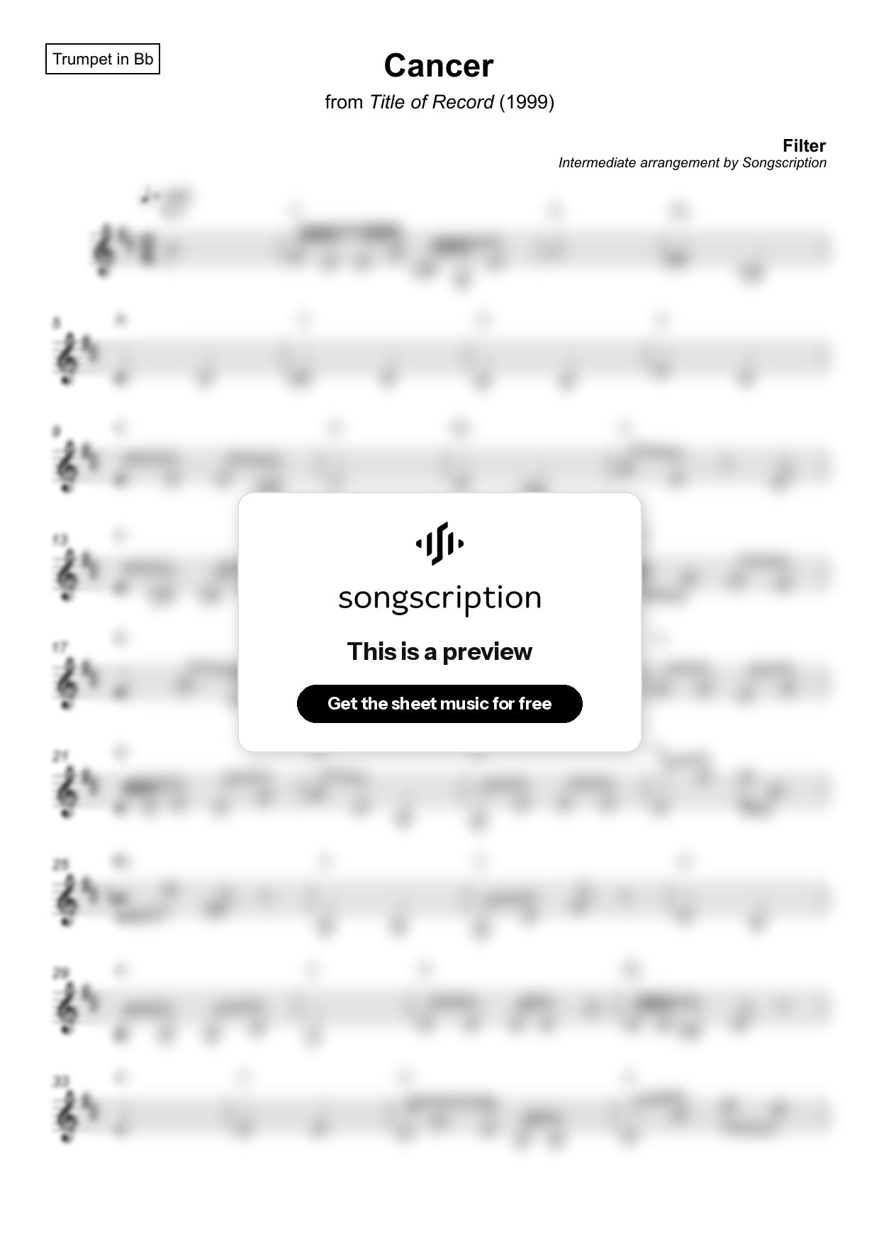 Intermediate Trumpet Sheet Music for "Cancer" by Filter