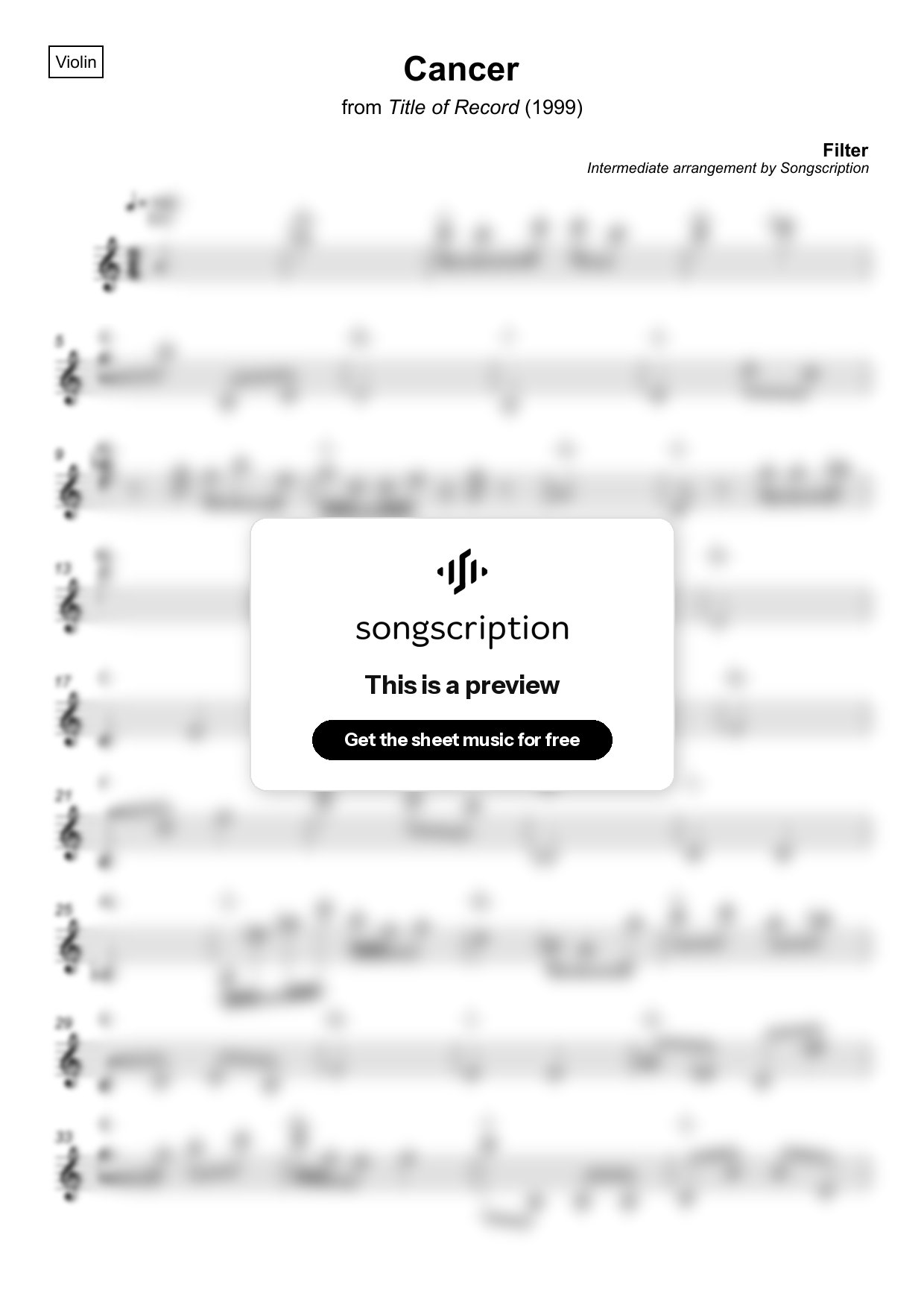 Intermediate Violin Sheet Music for "Cancer" by Filter