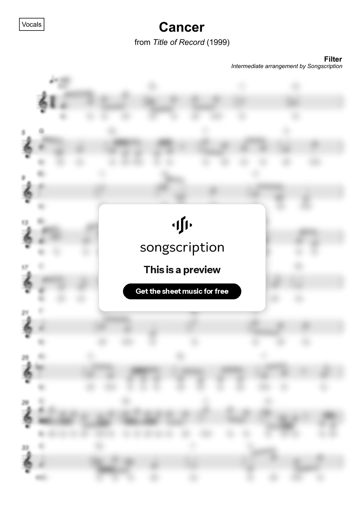 Intermediate Vocals Sheet Music for "Cancer" by Filter