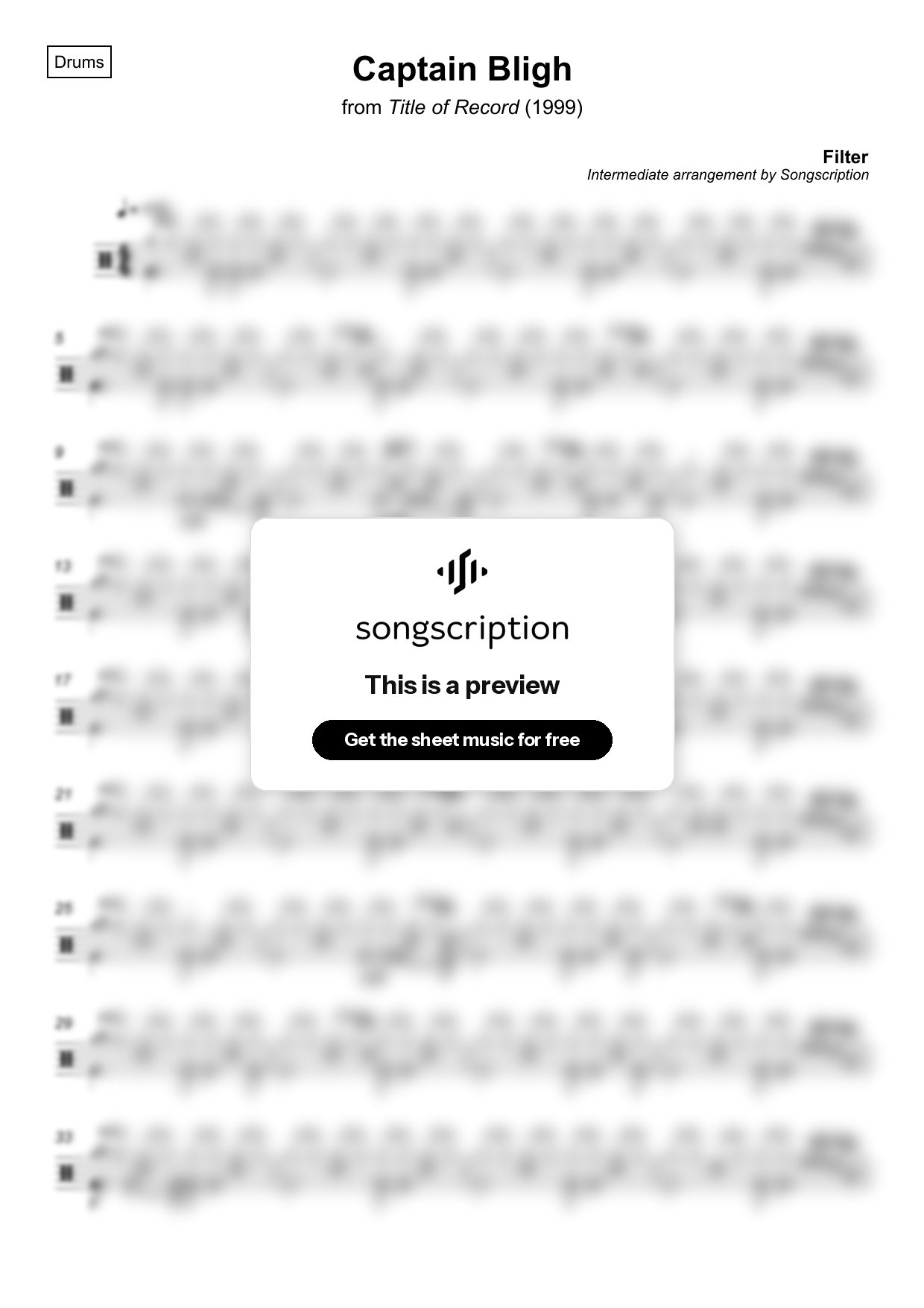 Intermediate Drums Sheet Music for "Captain Bligh" by Filter