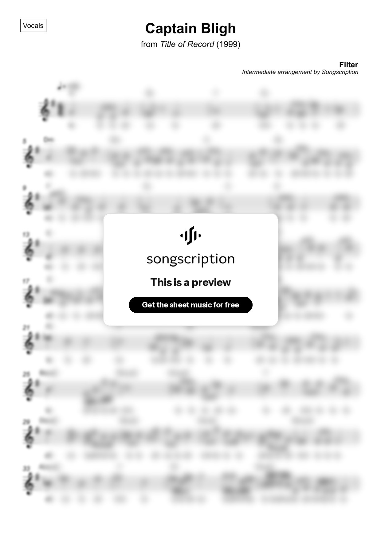 Intermediate Vocals Sheet Music for "Captain Bligh" by Filter