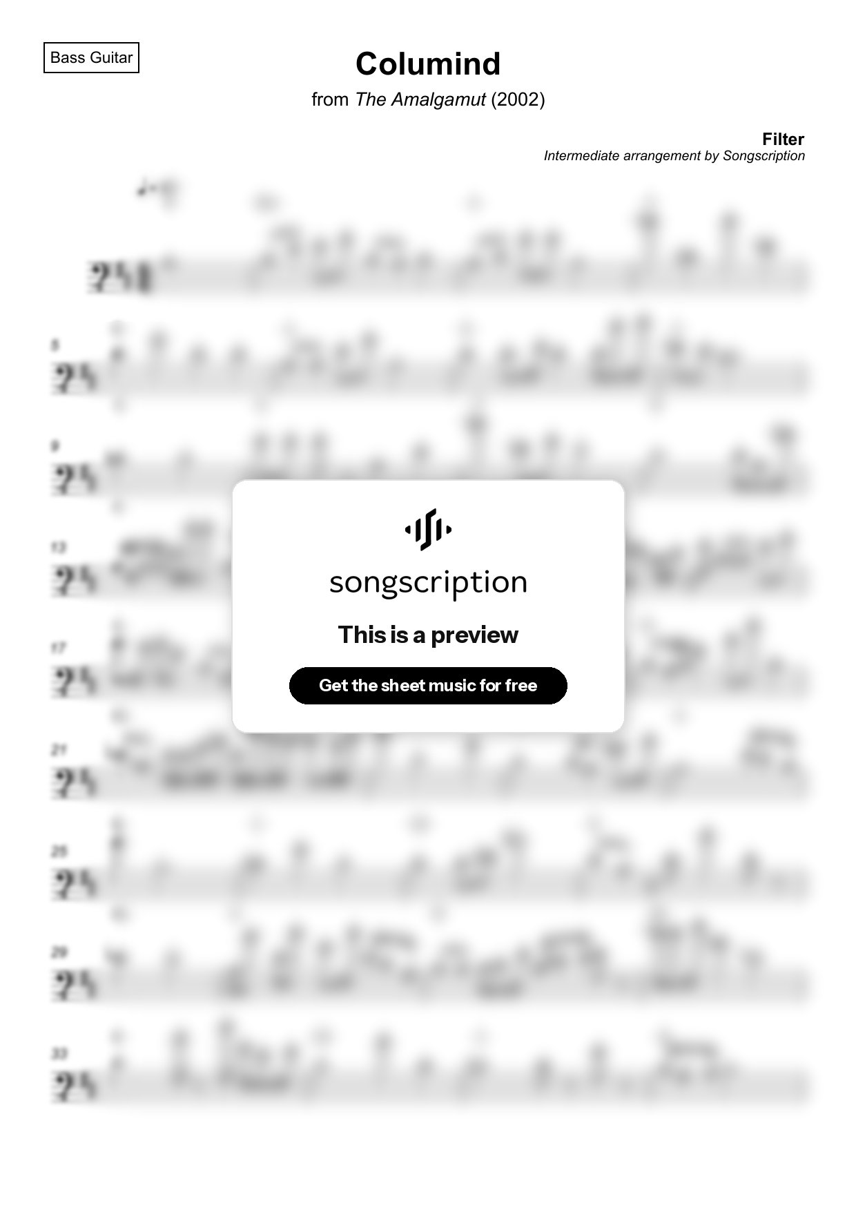 Intermediate Bass Guitar Sheet Music for "Columind" by Filter
