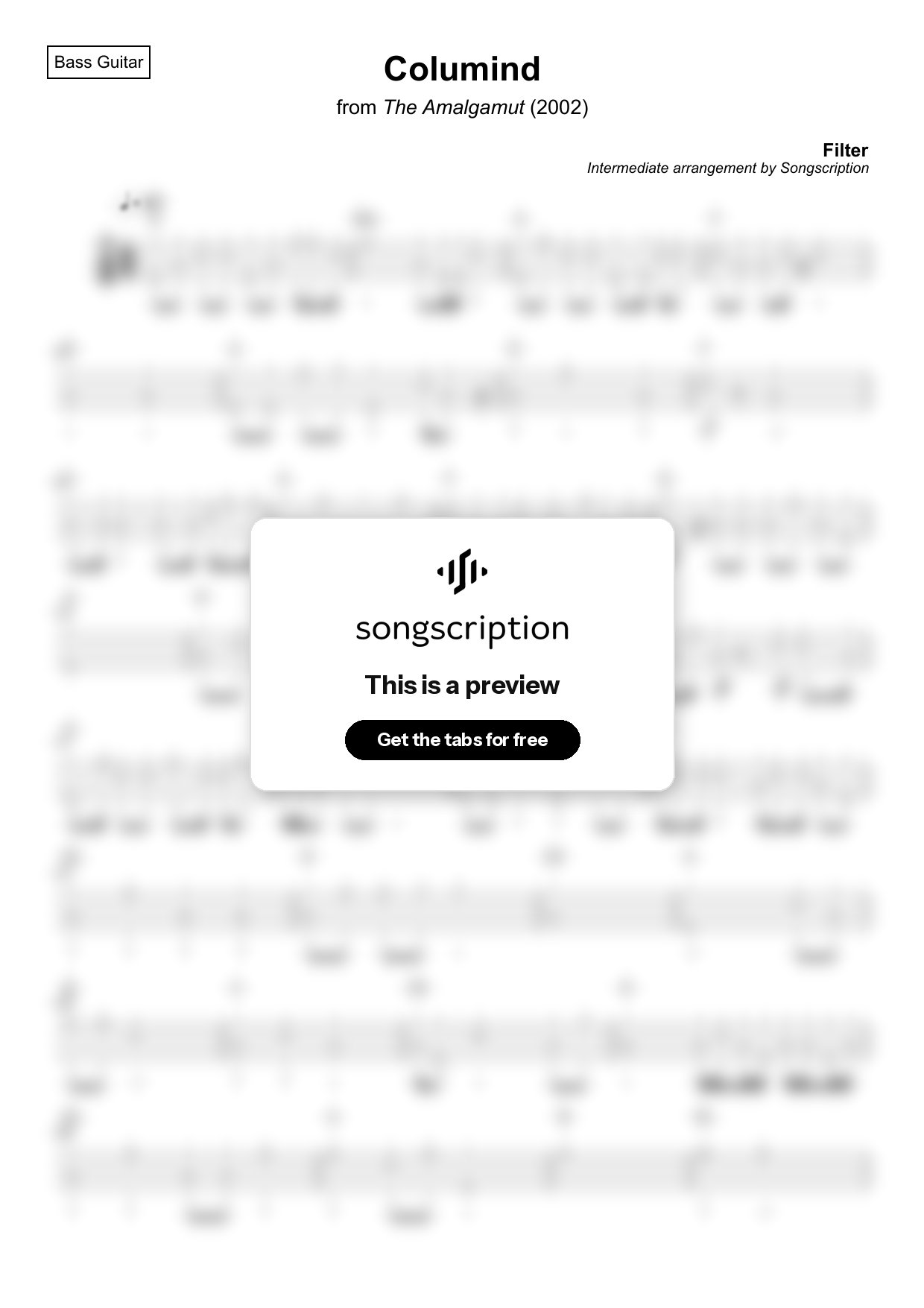 Intermediate Bass Guitar Tabs for "Columind" by Filter