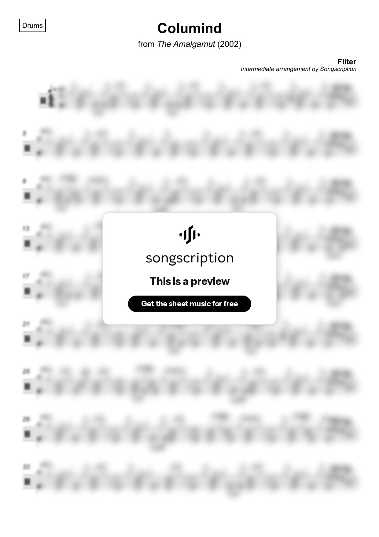 Intermediate Drums Sheet Music for "Columind" by Filter