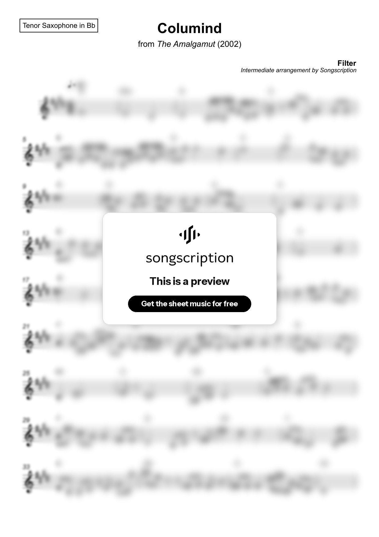 Intermediate Tenor Sax Sheet Music for "Columind" by Filter