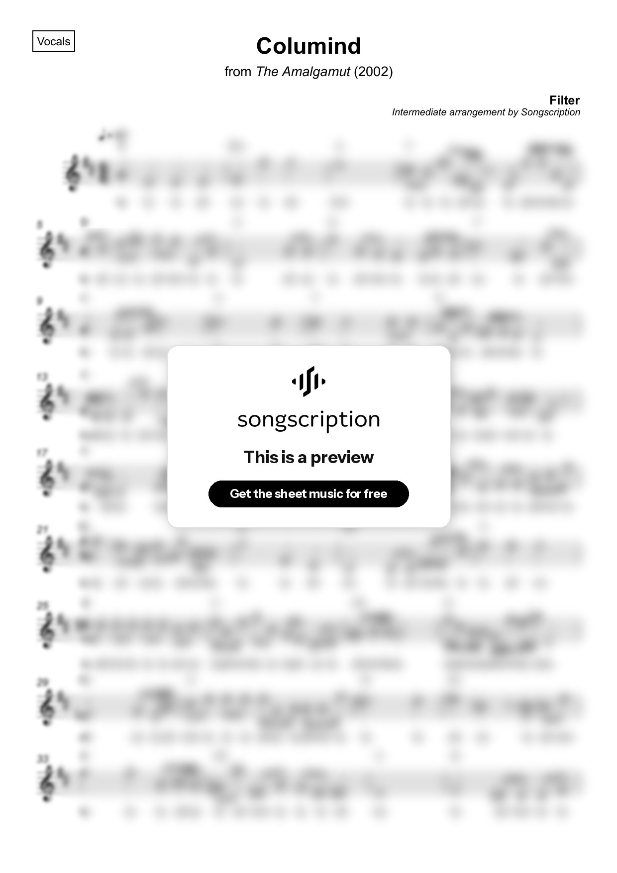 Intermediate Vocals Sheet Music for "Columind" by Filter