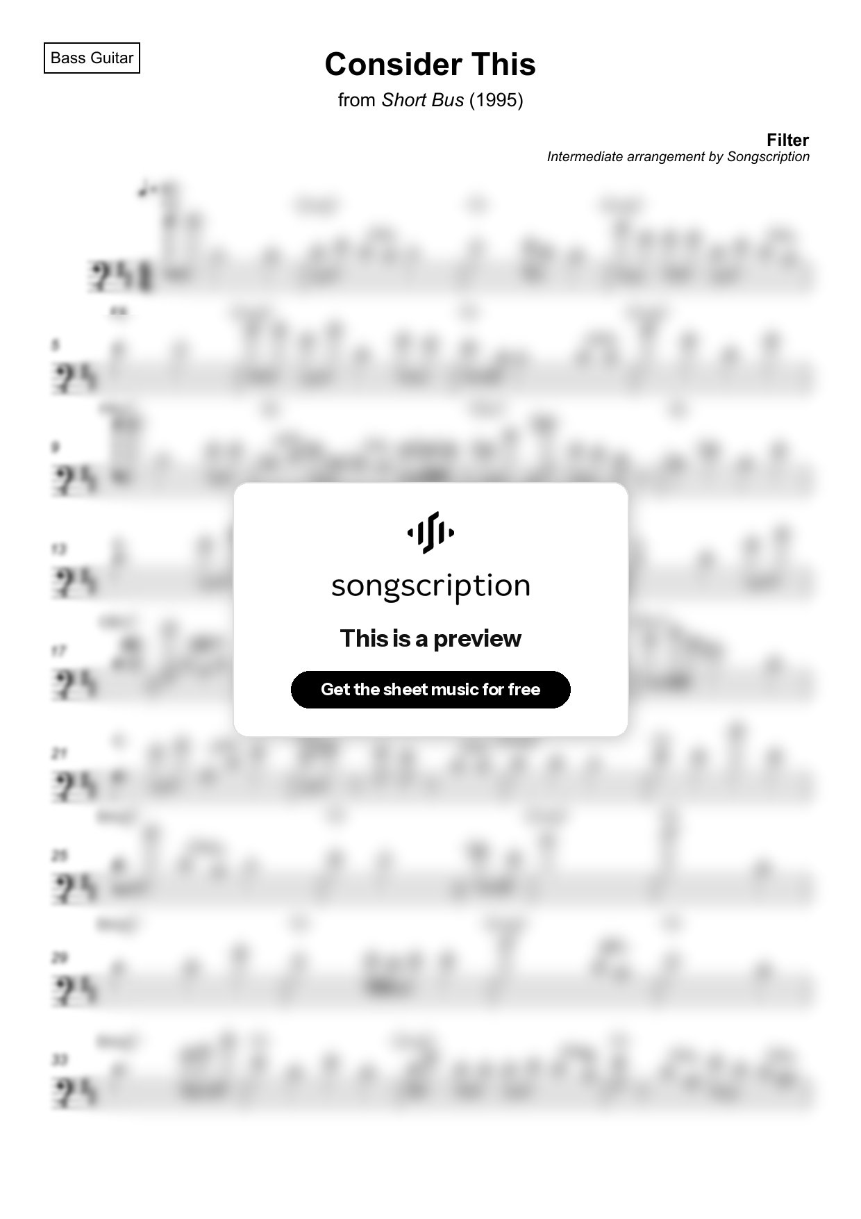 Intermediate Bass Guitar Sheet Music for "Consider This" by Filter