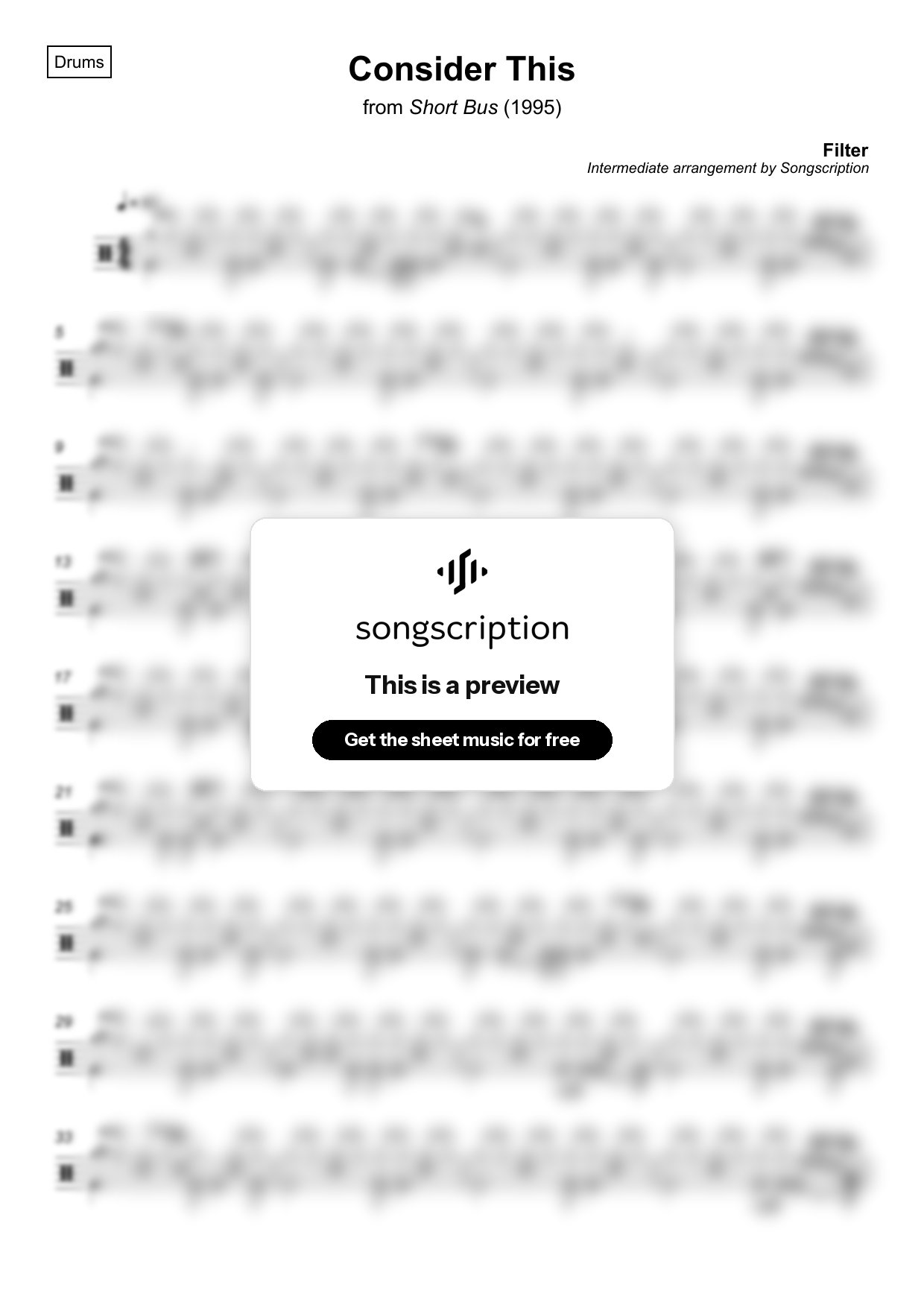 Intermediate Drums Sheet Music for "Consider This" by Filter