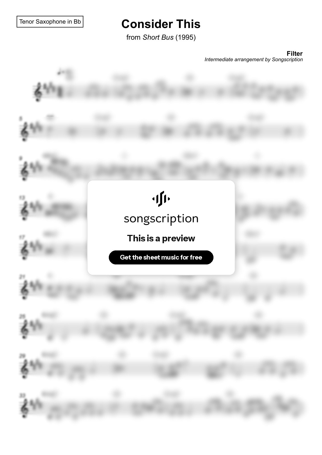 Intermediate Tenor Sax Sheet Music for "Consider This" by Filter