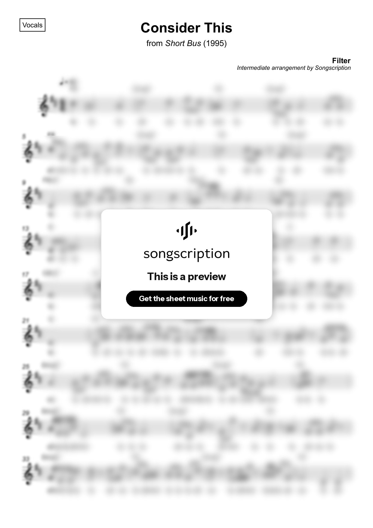 Intermediate Vocals Sheet Music for "Consider This" by Filter