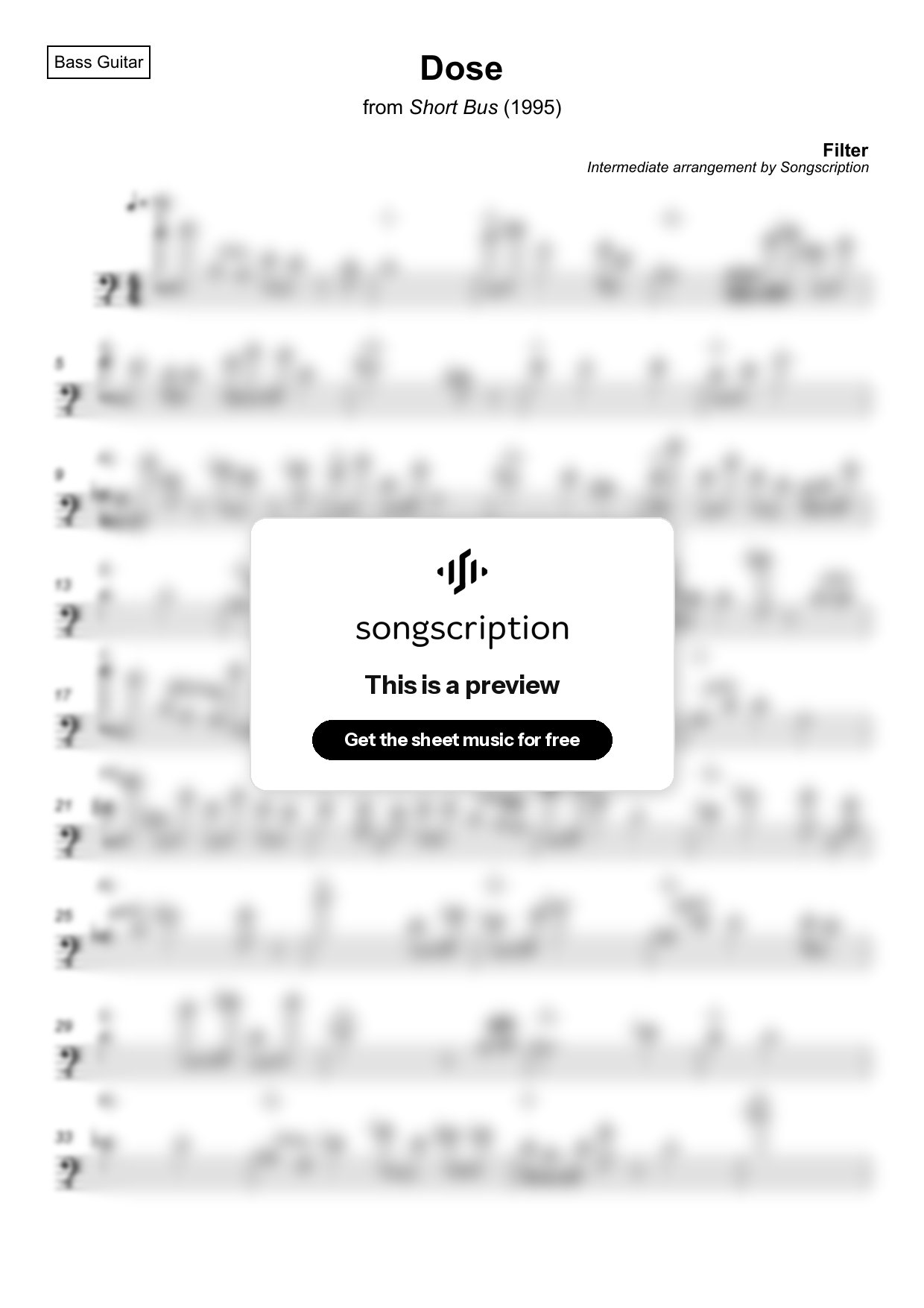 Intermediate Bass Guitar Sheet Music for "Dose" by Filter