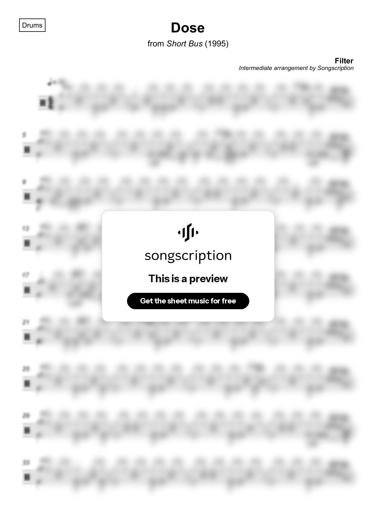 Intermediate Drums Sheet Music for "Dose" by Filter