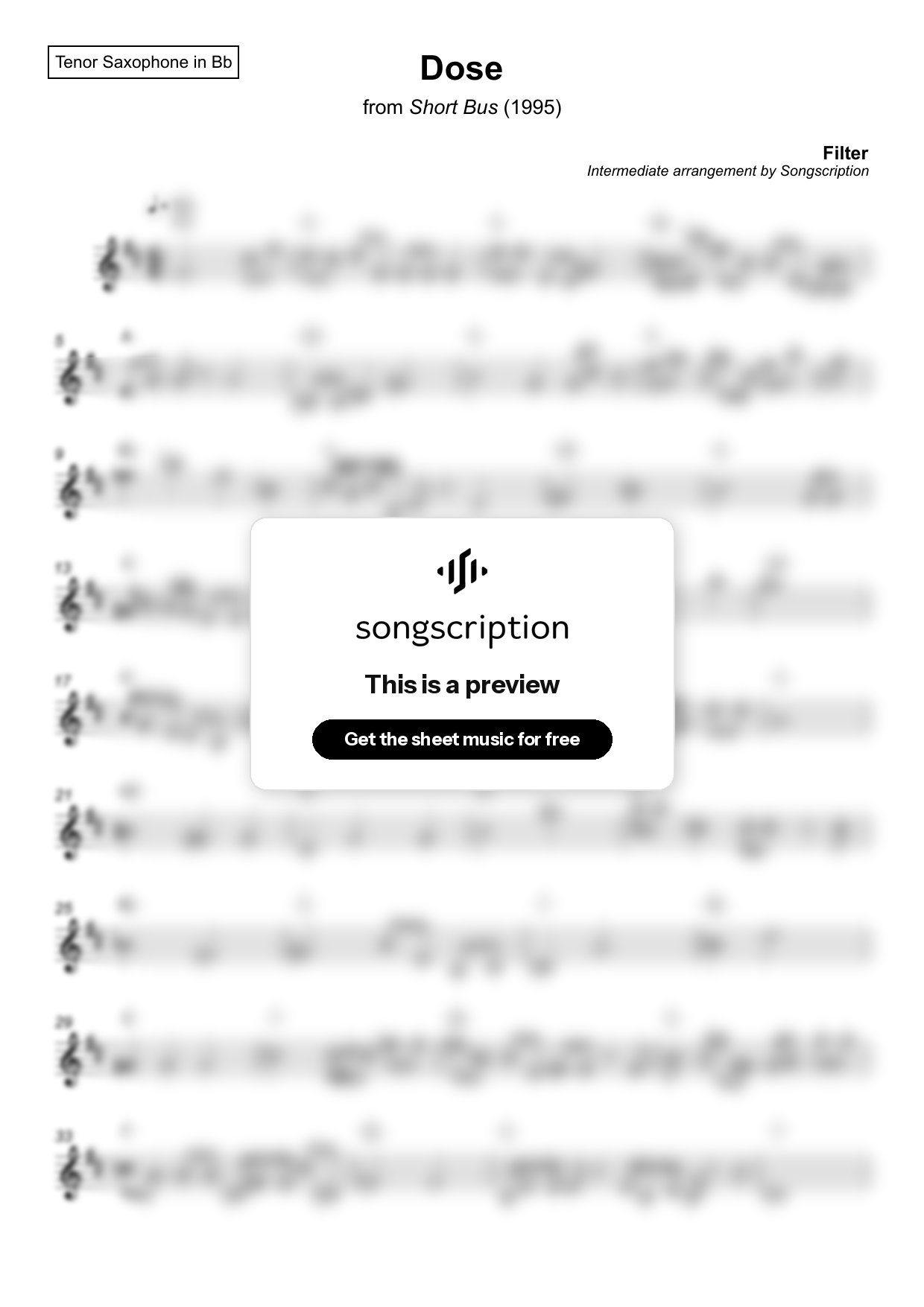 Intermediate Tenor Sax Sheet Music for "Dose" by Filter
