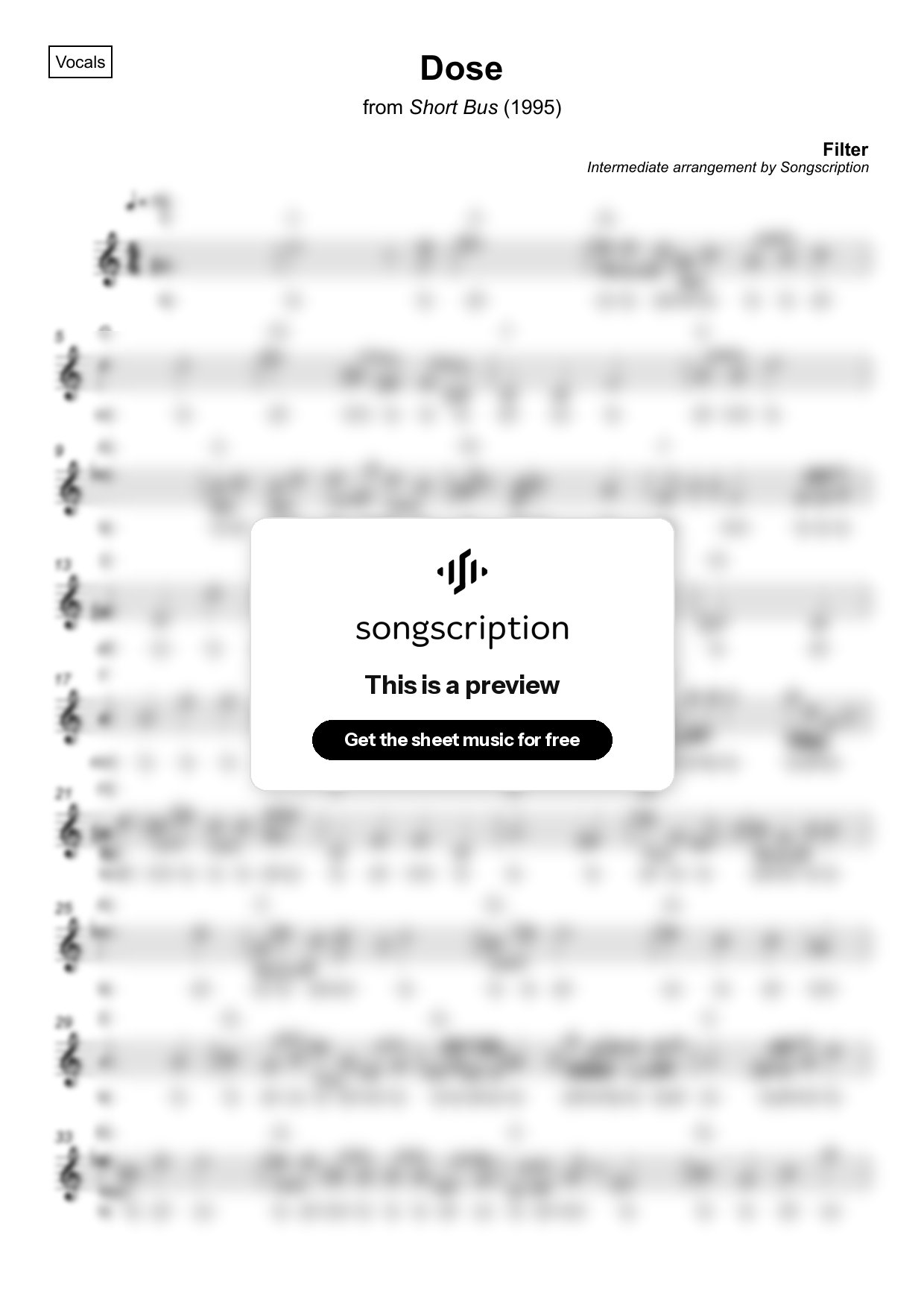 Intermediate Vocals Sheet Music for "Dose" by Filter