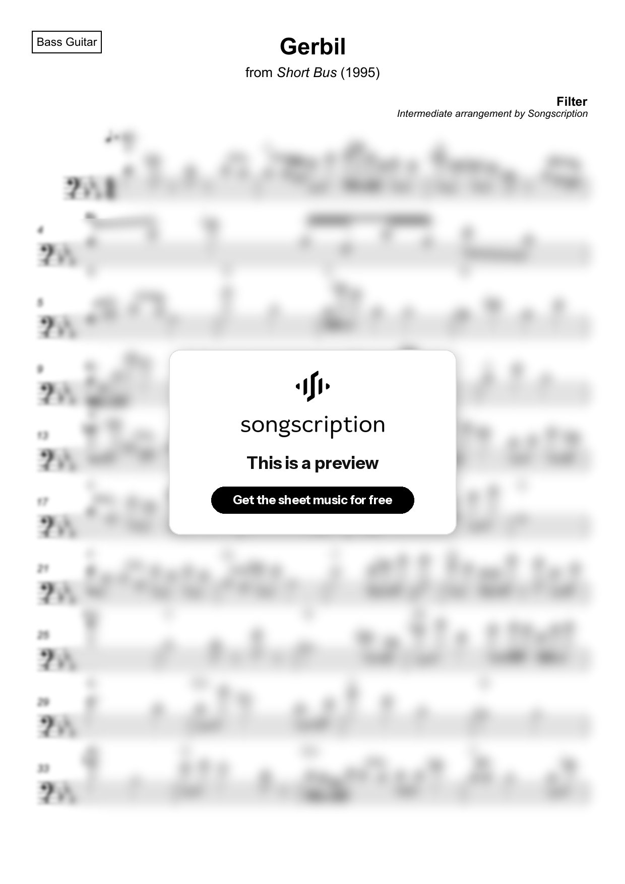 Intermediate Bass Guitar Sheet Music for "Gerbil" by Filter