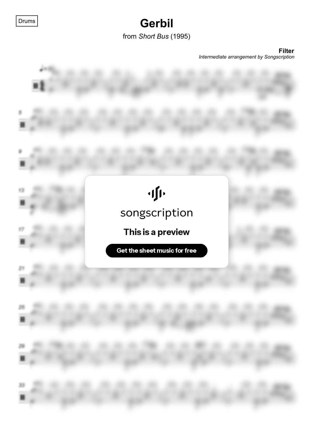 Intermediate Drums Sheet Music for "Gerbil" by Filter