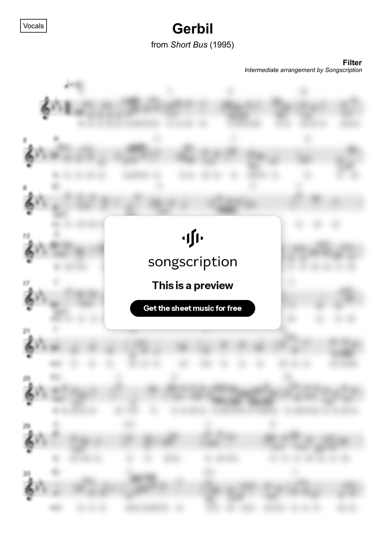 Intermediate Vocals Sheet Music for "Gerbil" by Filter