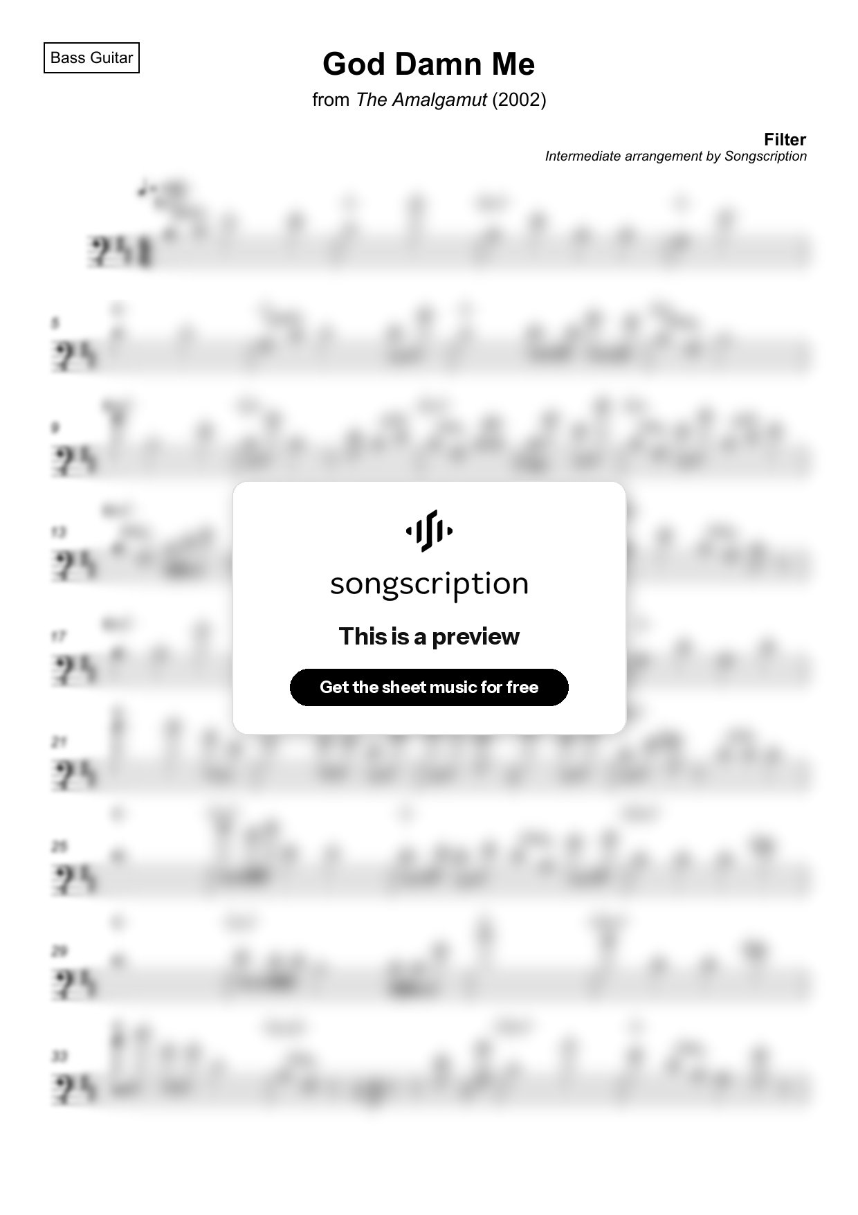 Intermediate Bass Guitar Sheet Music for "God Damn Me" by Filter