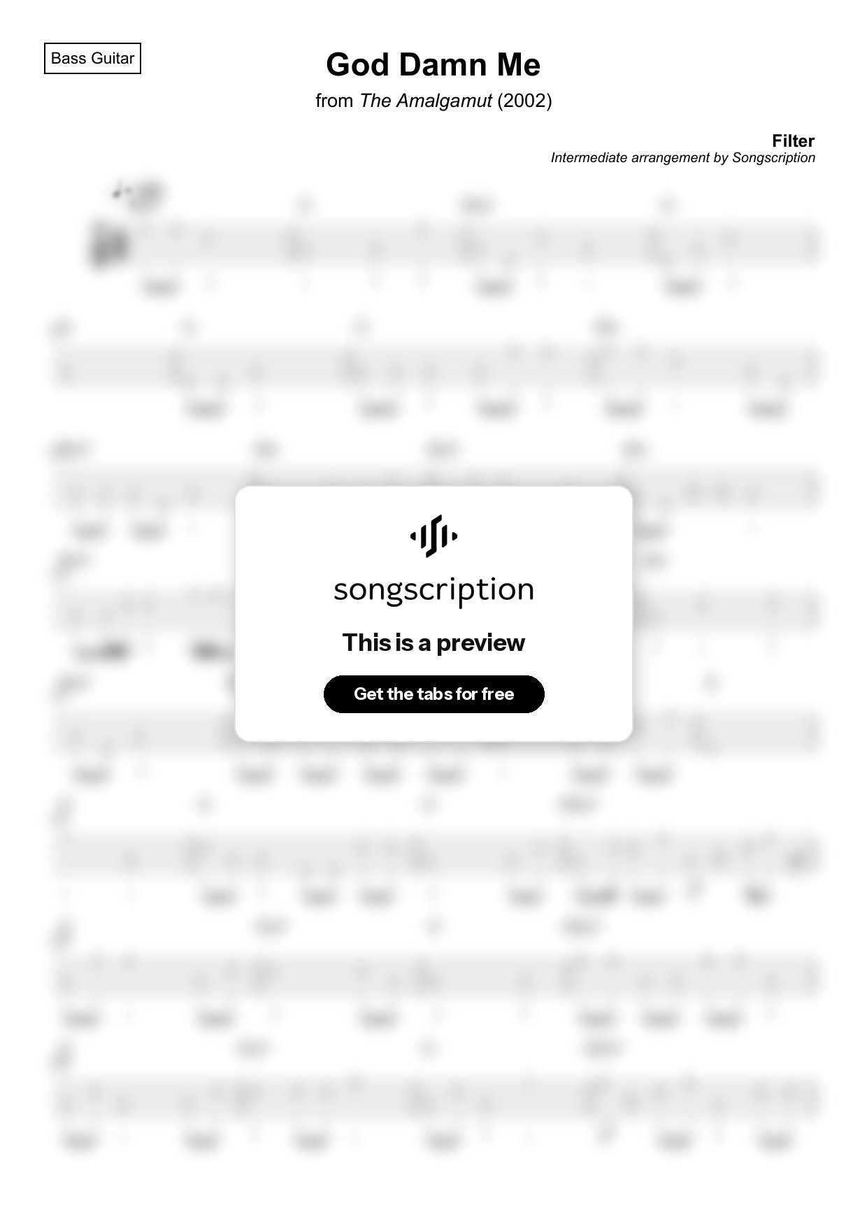 Intermediate Bass Guitar Tabs for "God Damn Me" by Filter