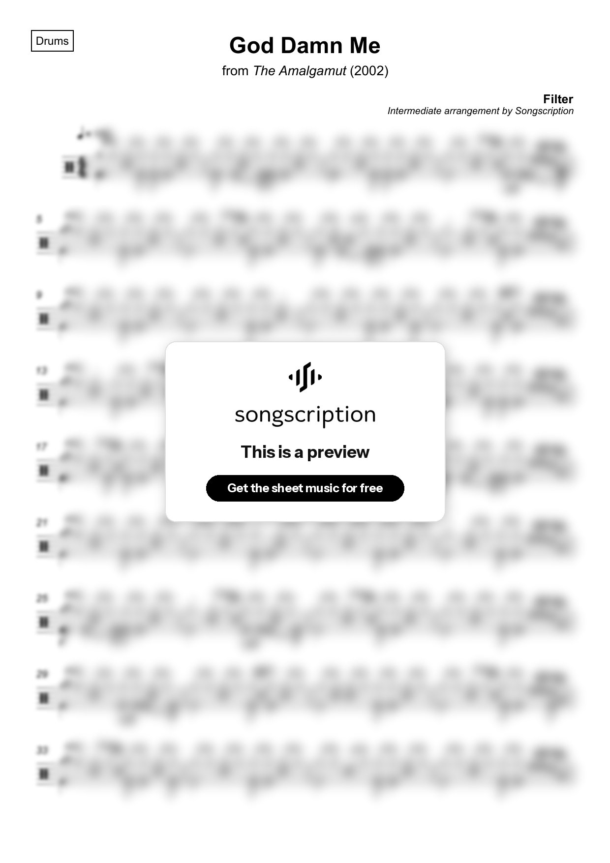 Intermediate Drums Sheet Music for "God Damn Me" by Filter